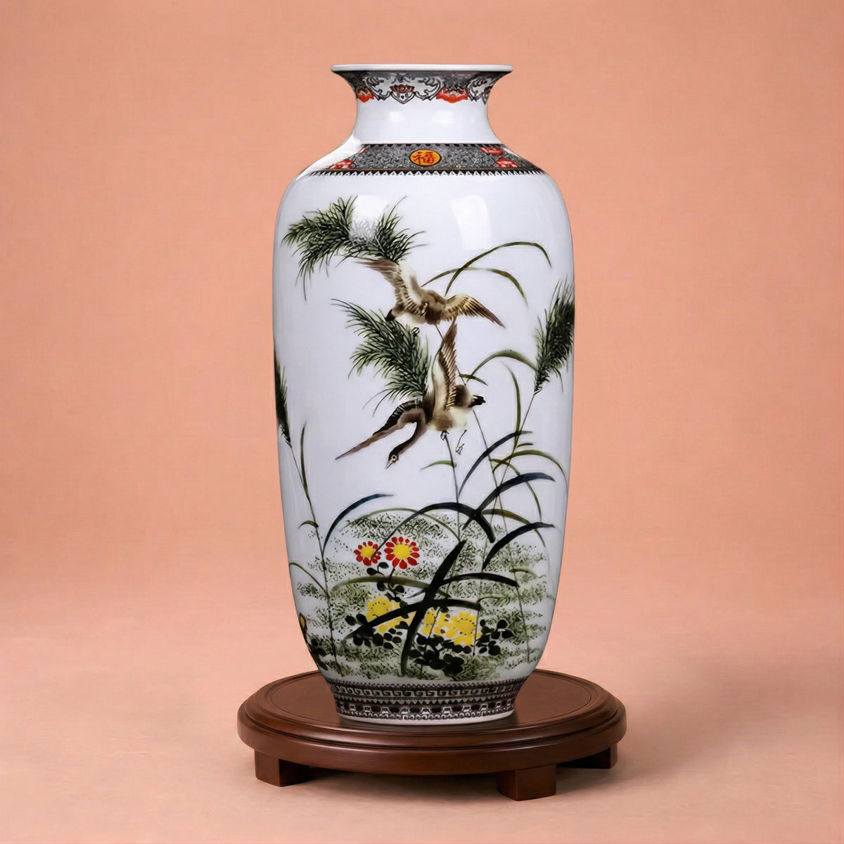 Grand vase en céramique chinois motif oiseaux et bambous