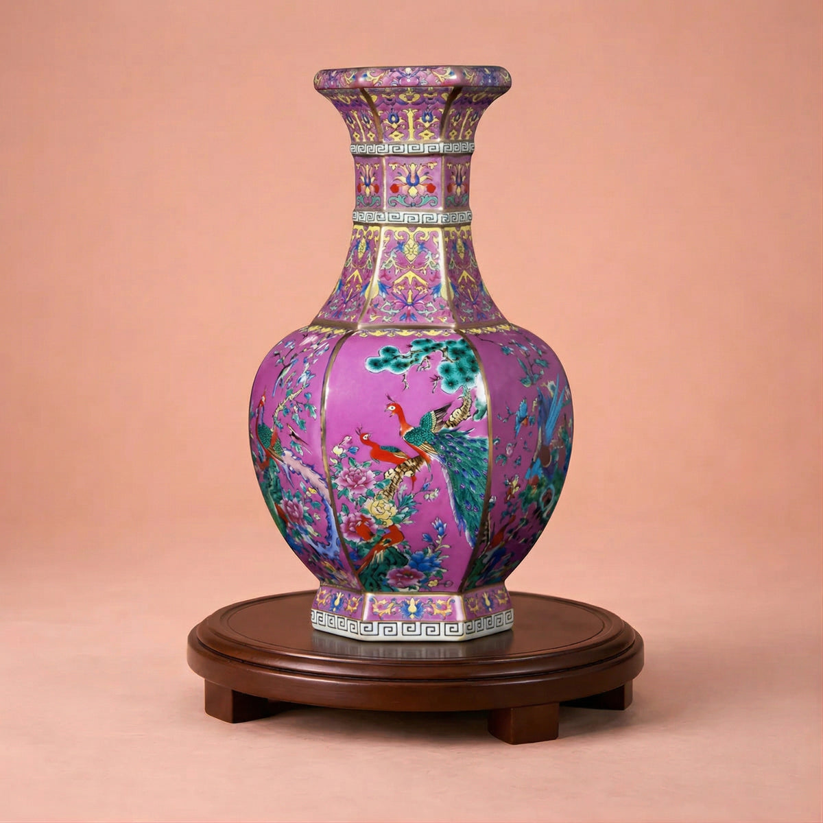 Vase chinois ancien rose en porcelaine émaillée