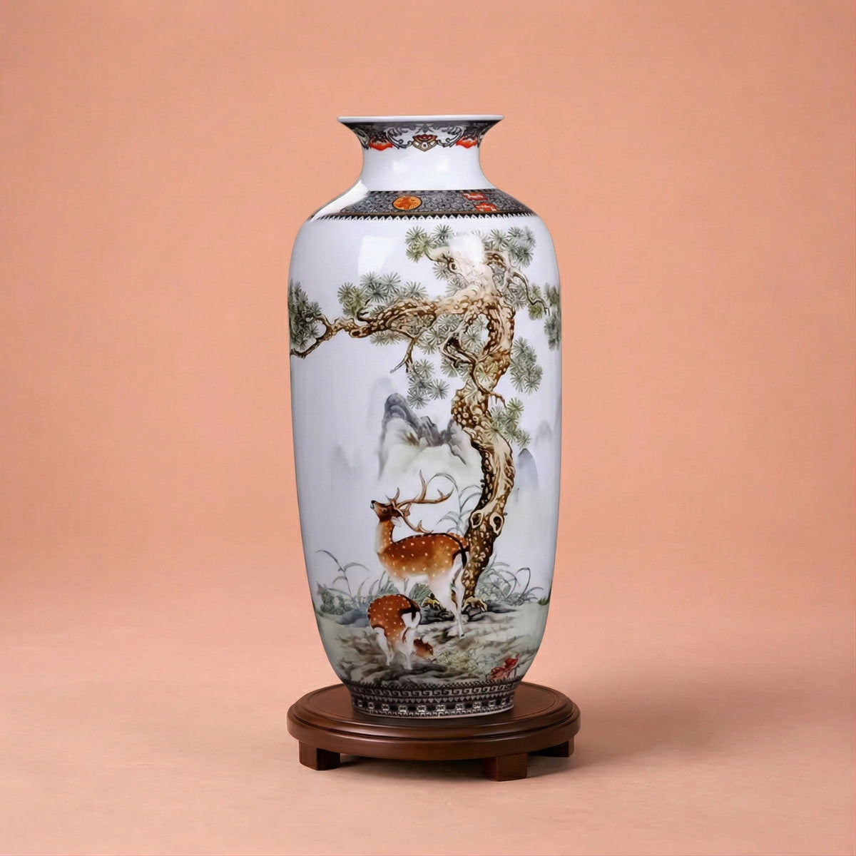 Grand vase en céramique chinois motif cerfs