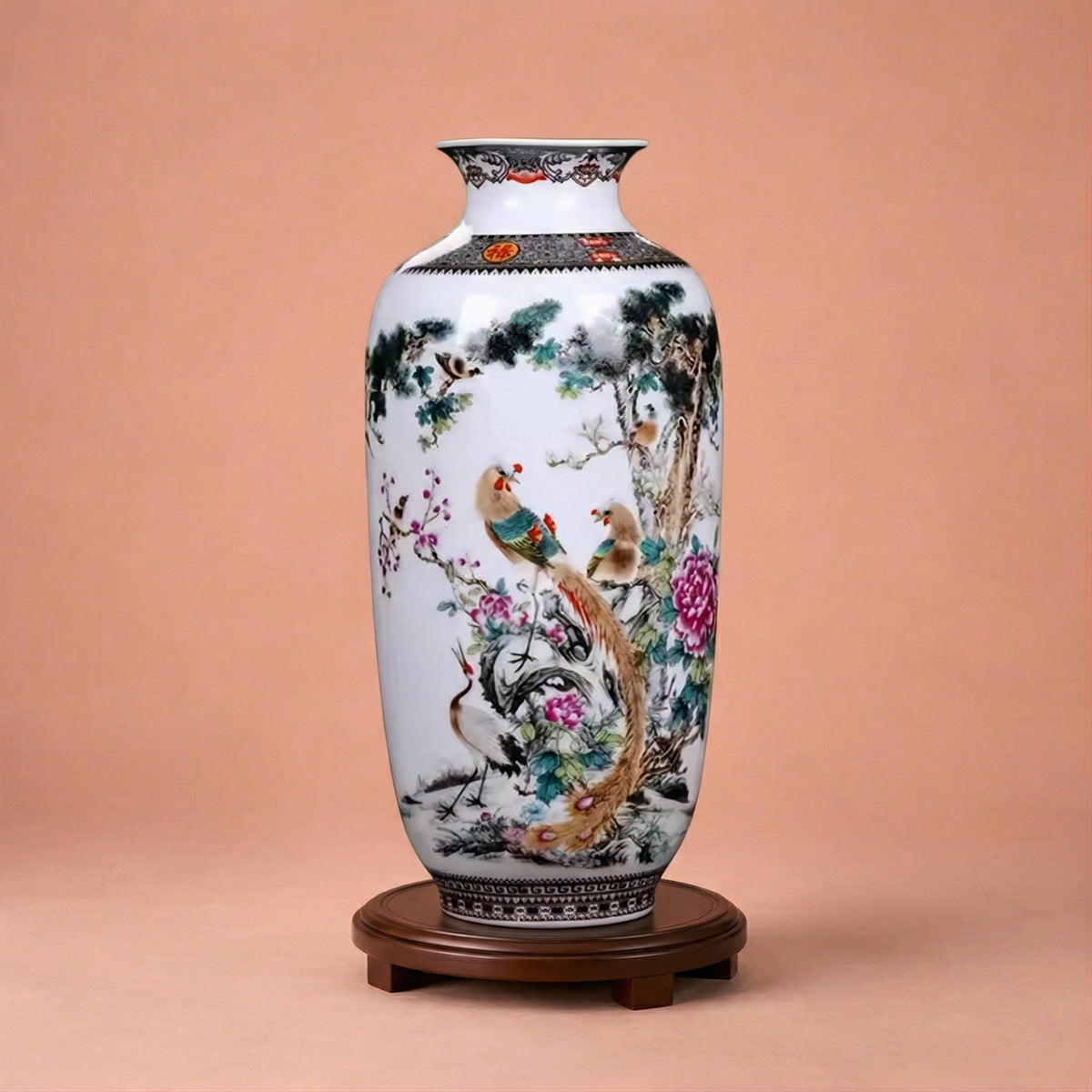 Grand vase en céramique chinois motif oiseaux & pivoines