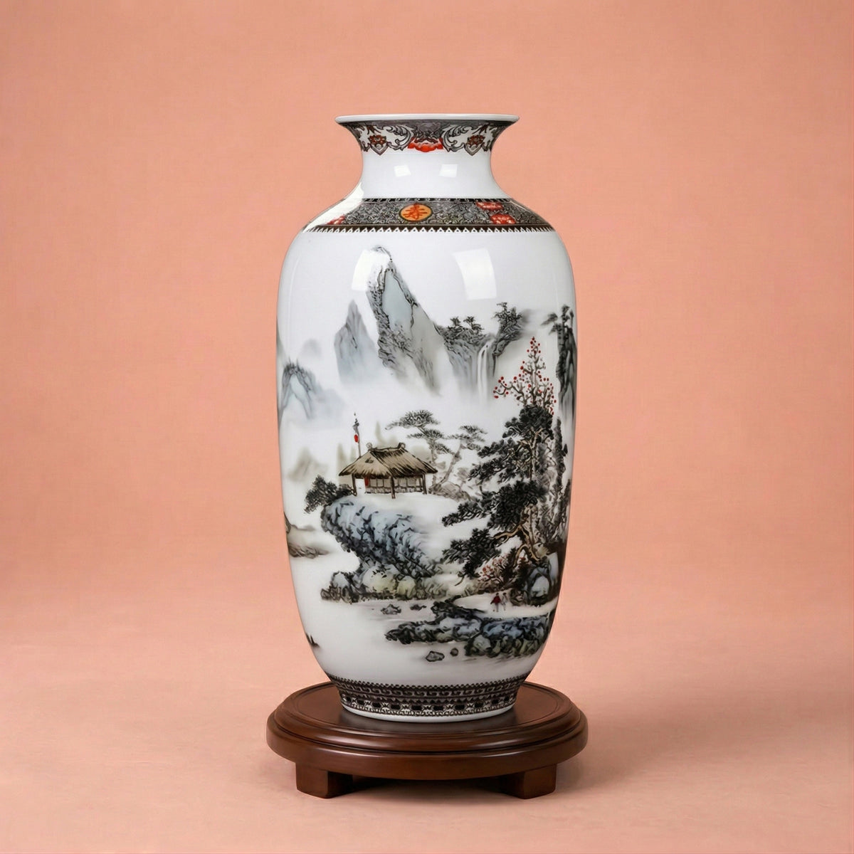 Grand vase en céramique chinois motif paysage brumeux