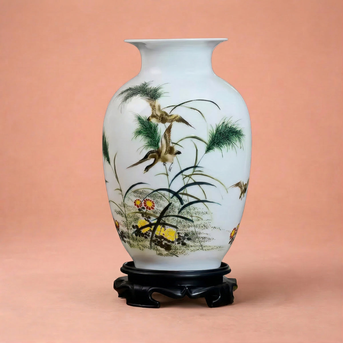 Vase chinois en céramique et porcelaine motif oiseaux et bambous