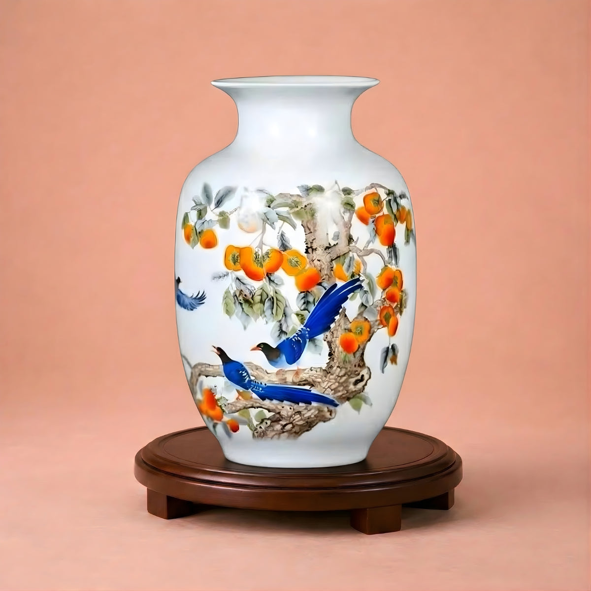 Vase chinois en céramique et porcelaine motif oiseaux bleus & kakis