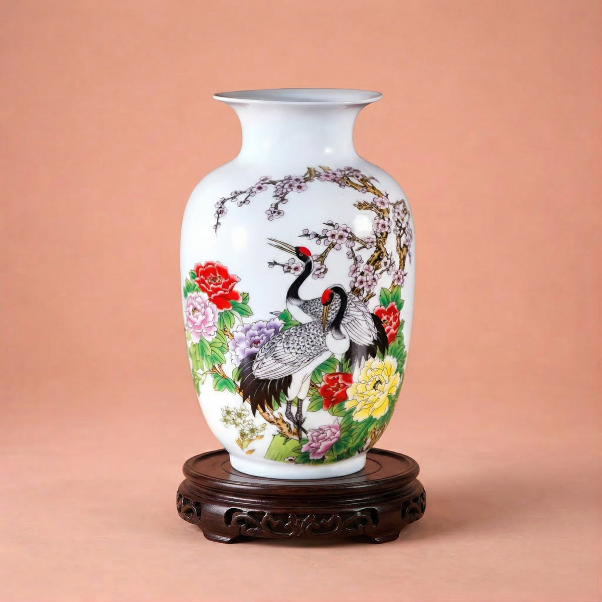 Vase chinois en céramique et porcelaine motif grues & fleurs multicolores