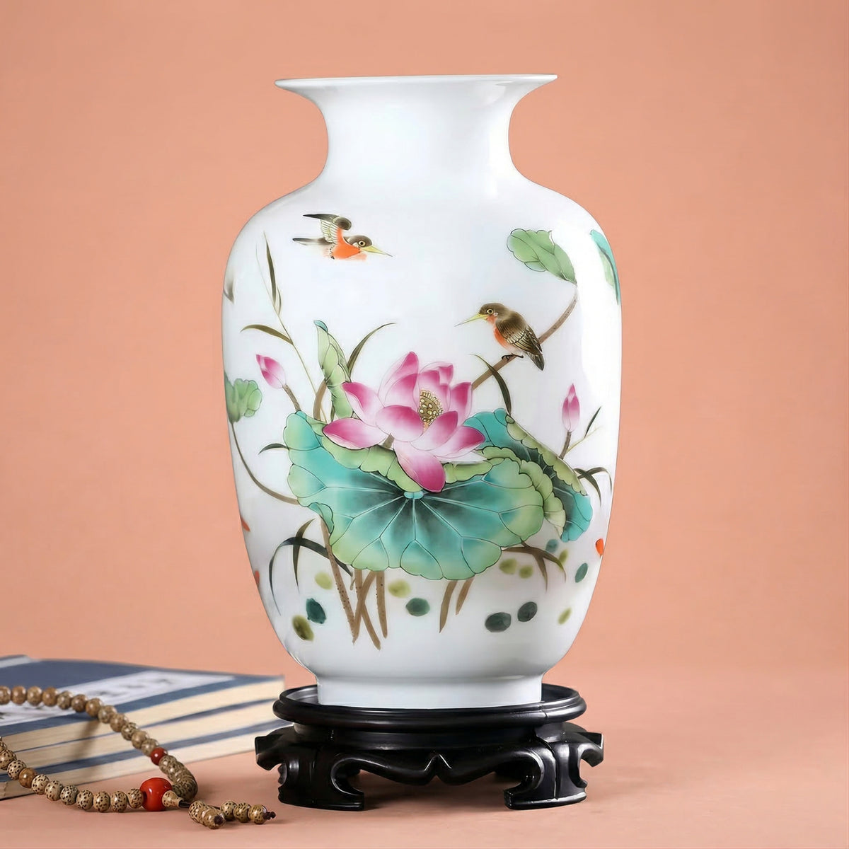 Vase chinois en céramique et porcelaine motif lotus rose & oiseaux