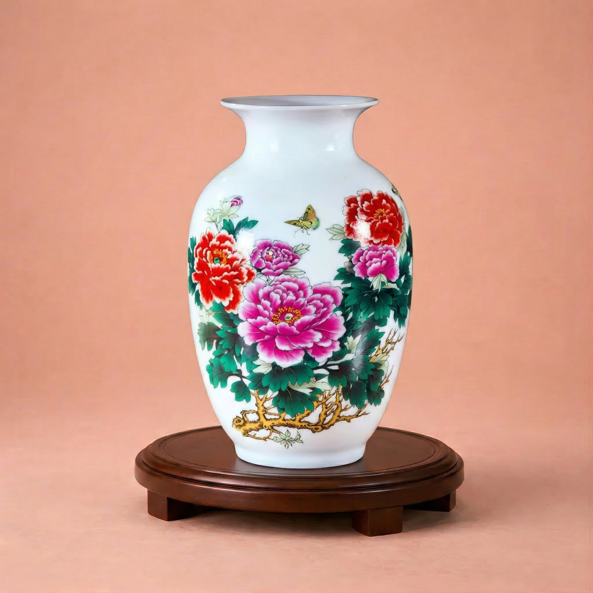 Vase chinois en céramique et porcelaine motif pivoines colorées & oiseau
