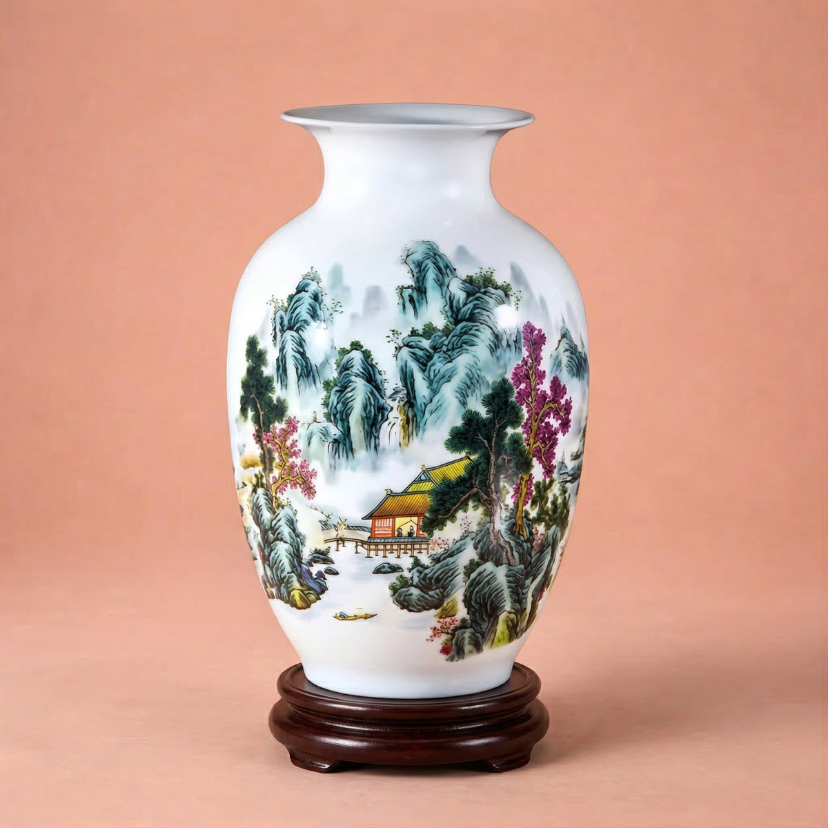 Vase chinois en céramique et porcelaine motif forêt et montagne