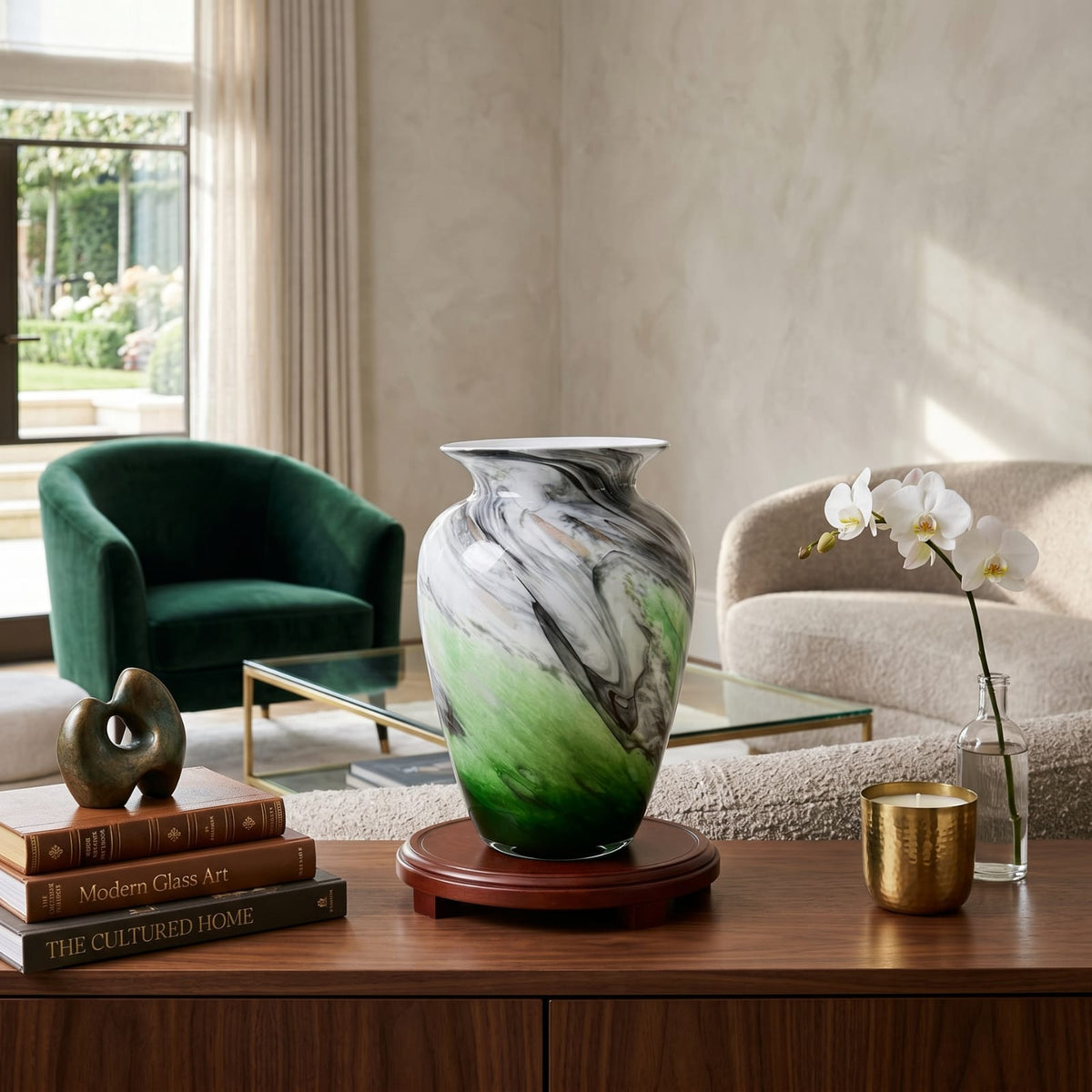 Grand vase chinois vert en verre et cristal de luxe