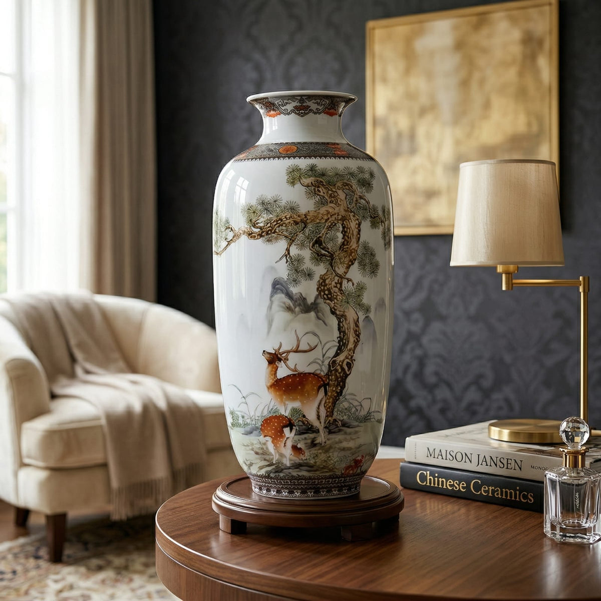 Grand vase en céramique chinois motif cerfs