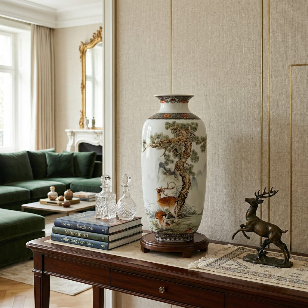 Grand vase en céramique chinois motif cerfs