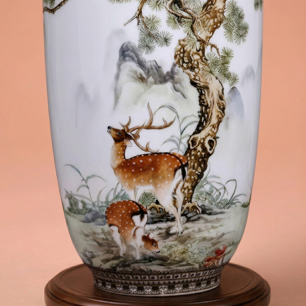 Grand vase en céramique chinois motif cerfs