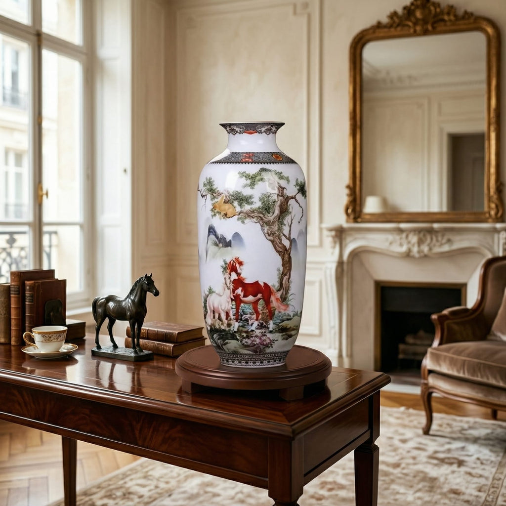 Grand vase en céramique chinois motif chevaux