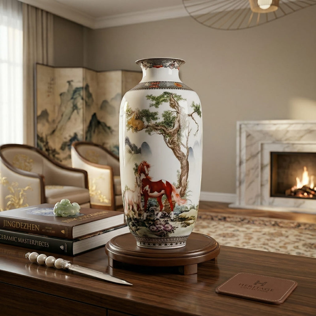 Grand vase en céramique chinois motif chevaux