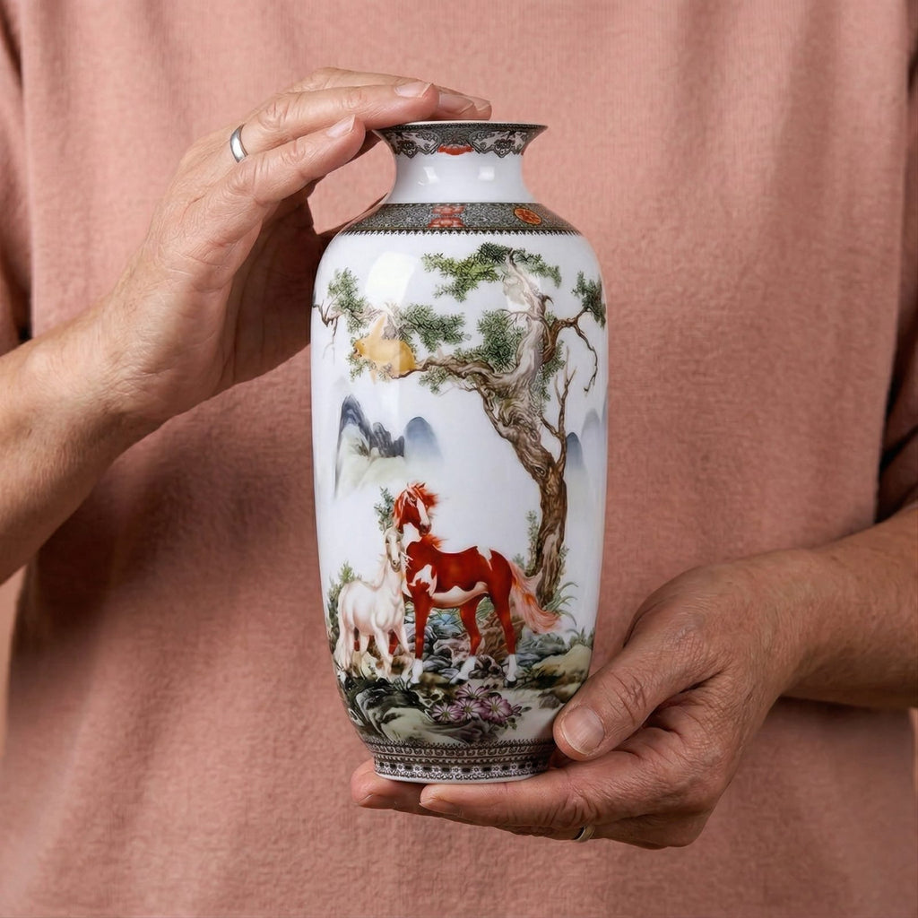 Grand vase en céramique chinois motif chevaux