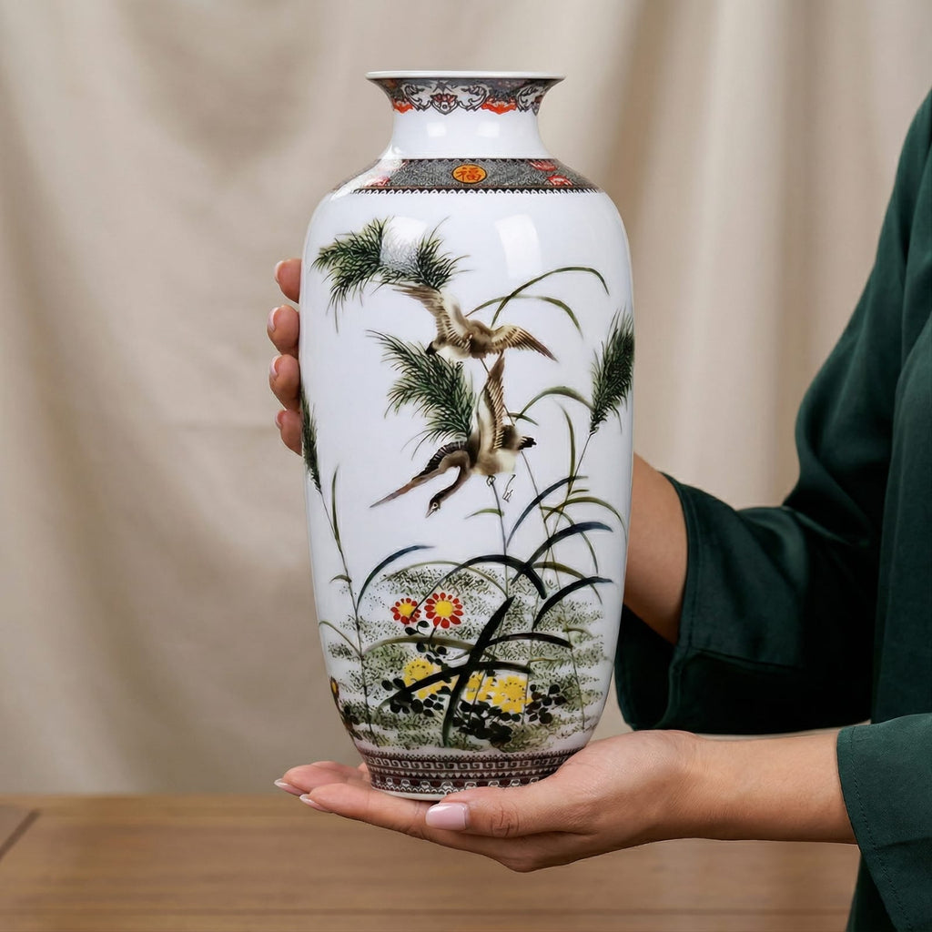 Grand vase en céramique chinois motif oiseaux et bambous