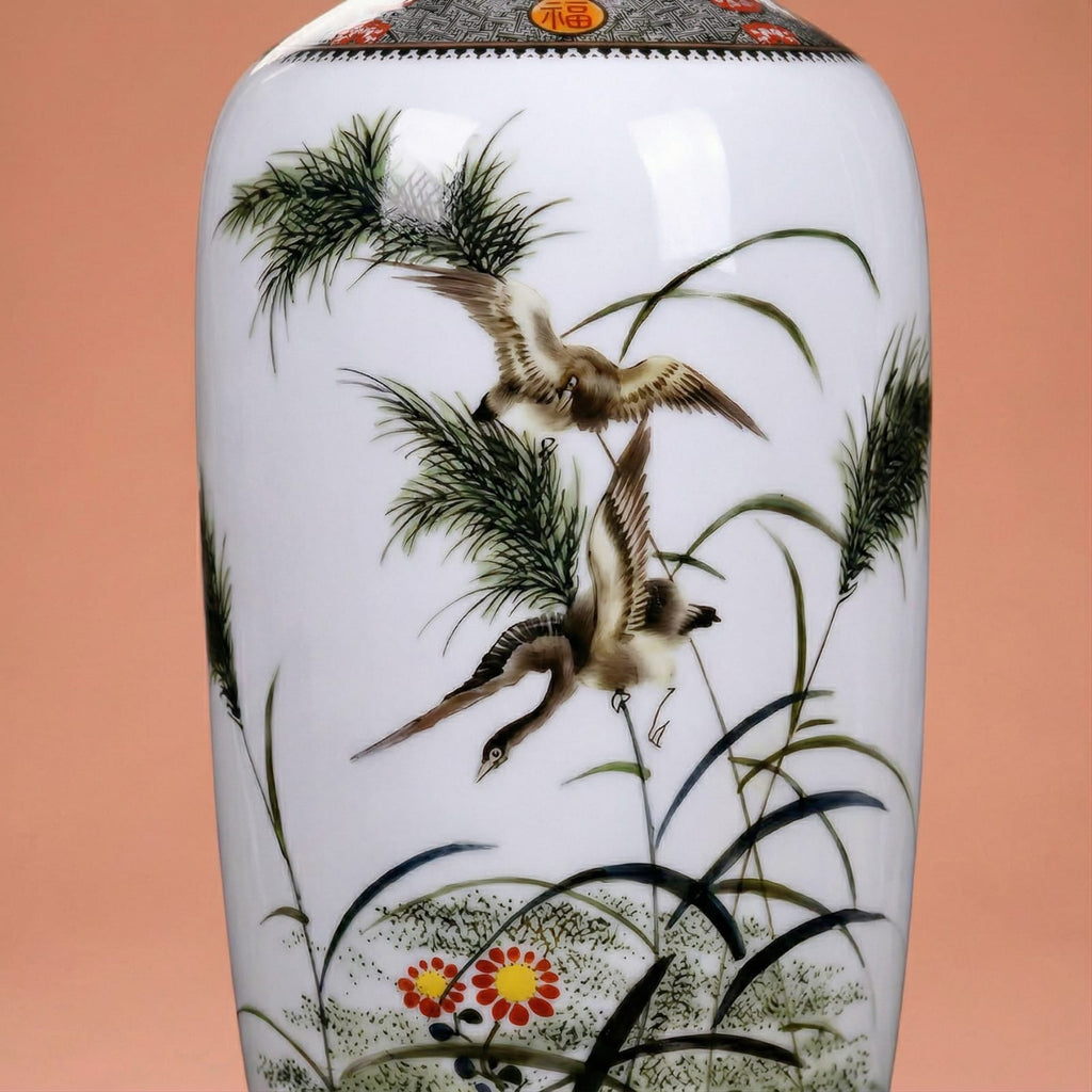 Grand vase en céramique chinois motif oiseaux et bambous