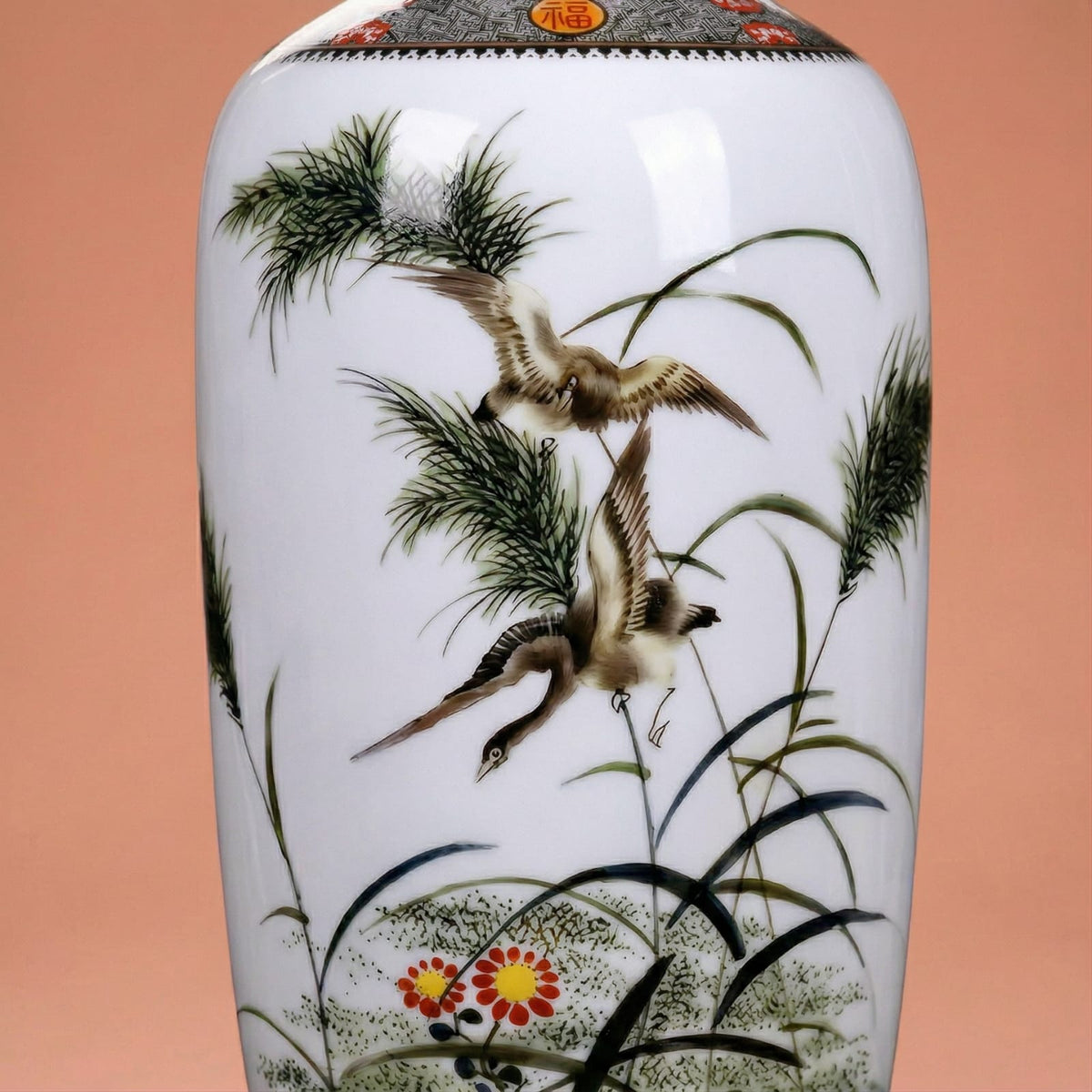 Grand vase en céramique chinois motif oiseaux et bambous