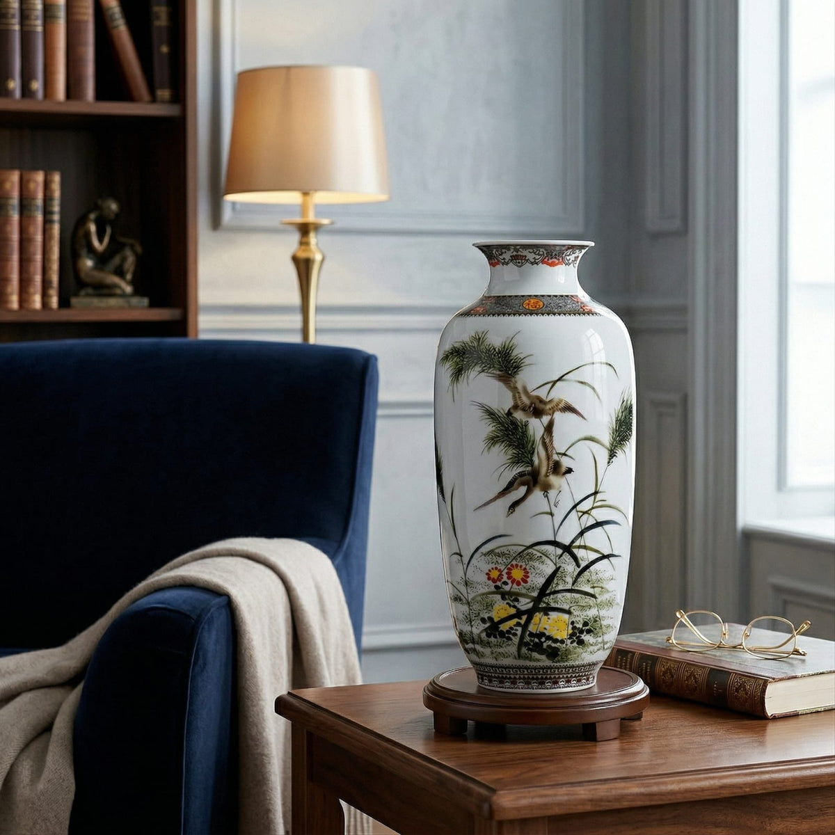 Grand vase en céramique chinois motif oiseaux et bambous