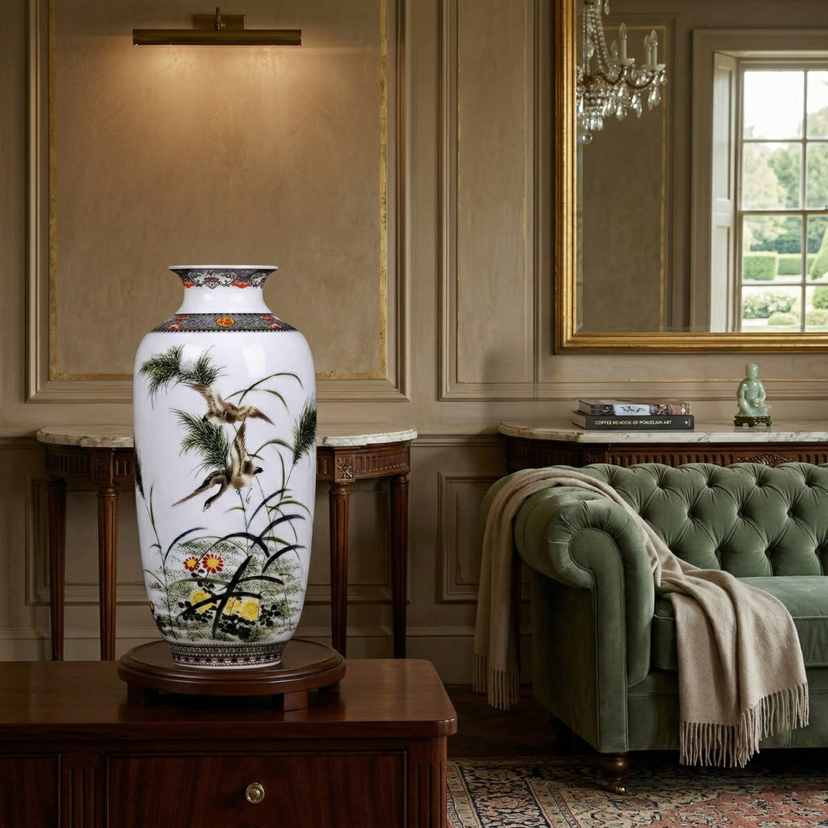 Grand vase en céramique chinois motif oiseaux et bambous
