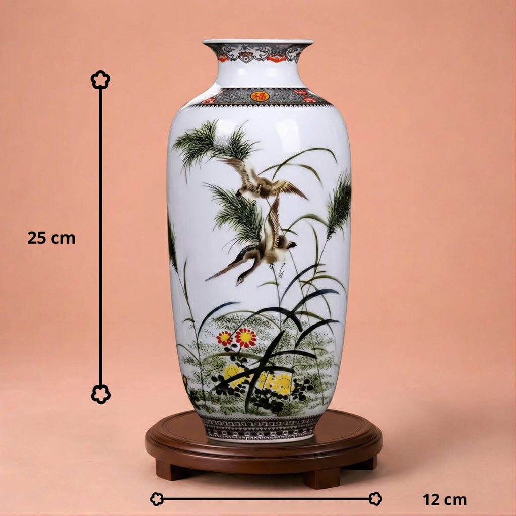 Grand vase en céramique chinois motif oiseaux et bambous