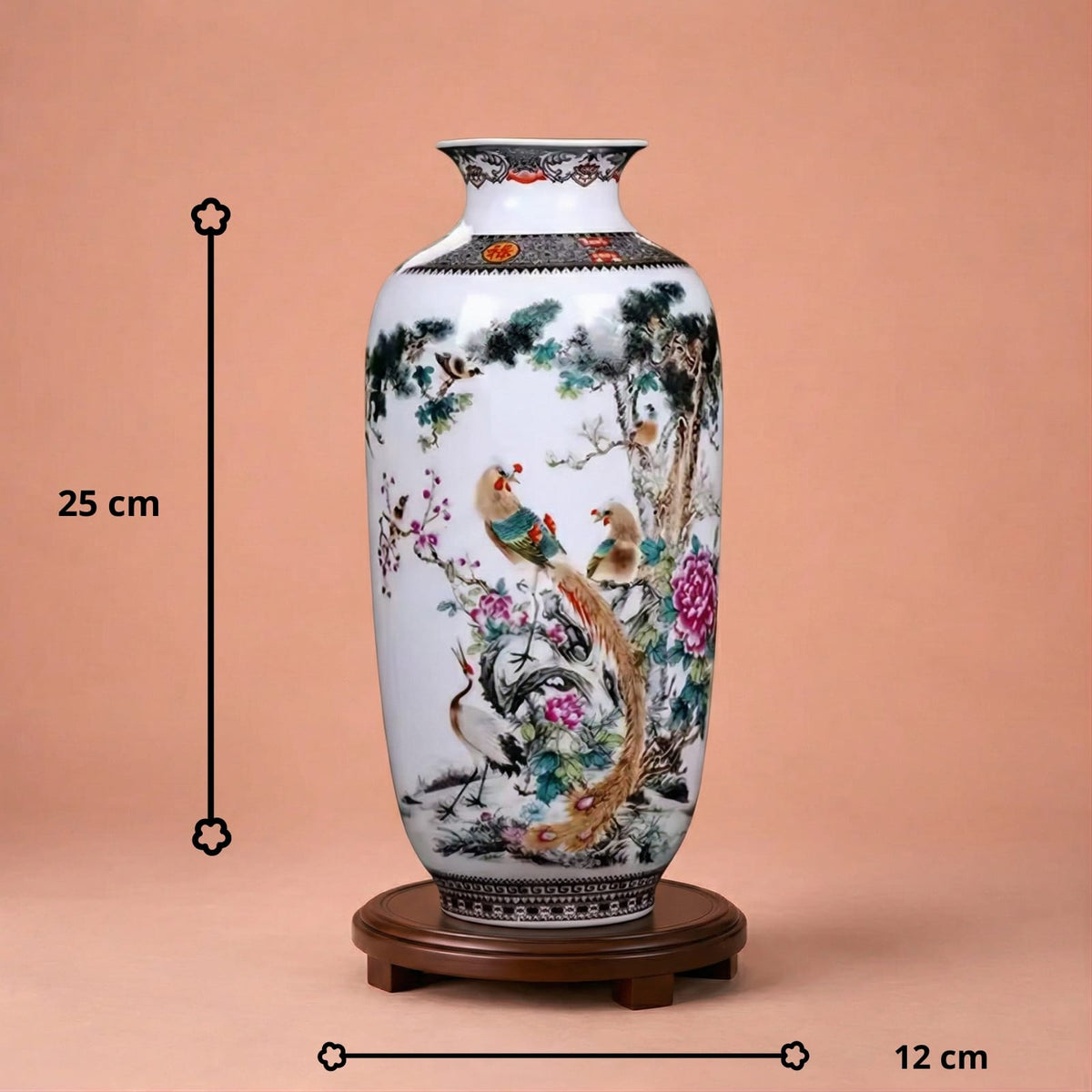 Grand vase en céramique chinois motif oiseaux & pivoines