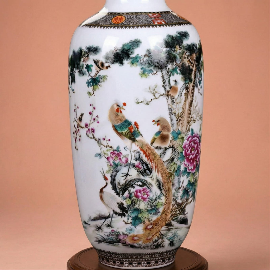 Grand vase en céramique chinois motif oiseaux & pivoines