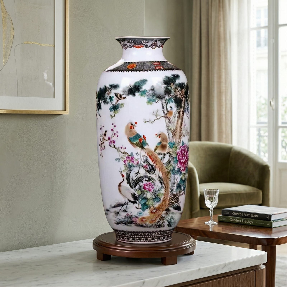 Grand vase en céramique chinois motif oiseaux & pivoines