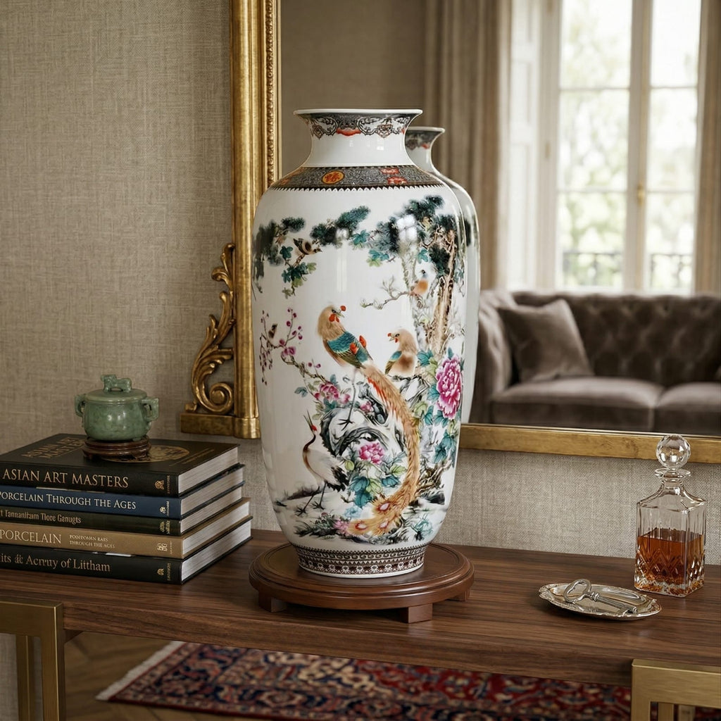 Grand vase en céramique chinois motif oiseaux & pivoines