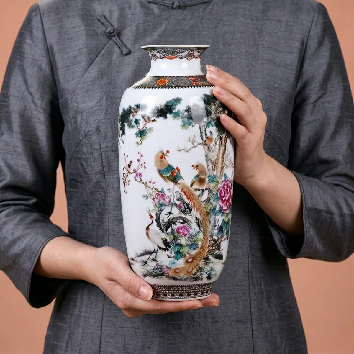 Grand vase en céramique chinois motif oiseaux & pivoines