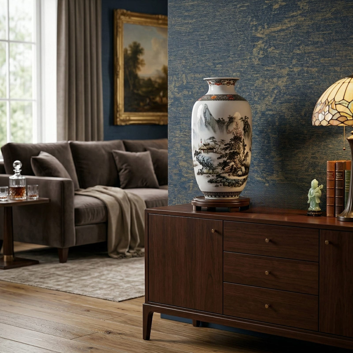 Grand vase en céramique chinois motif paysage brumeux