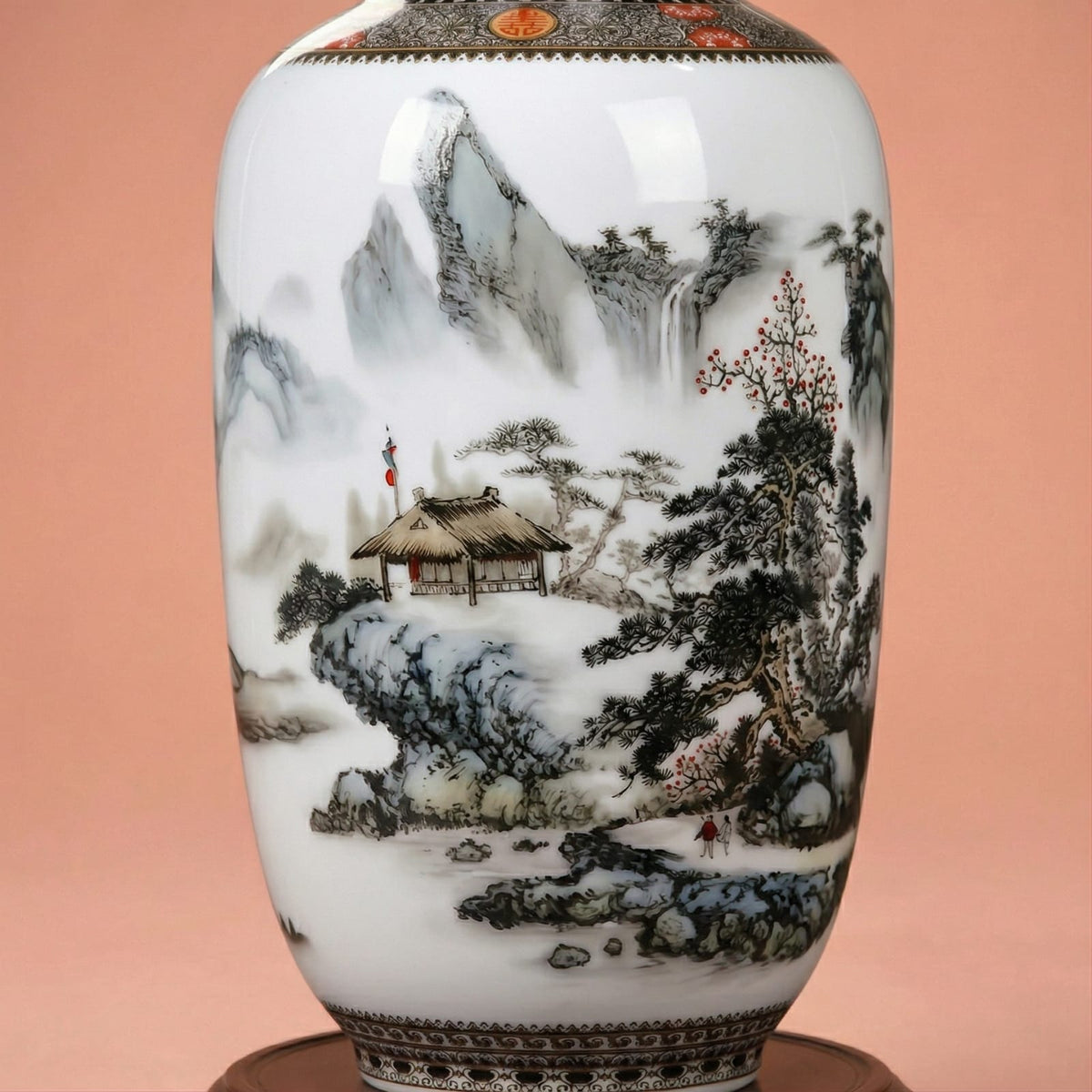 Grand vase en céramique chinois motif paysage brumeux