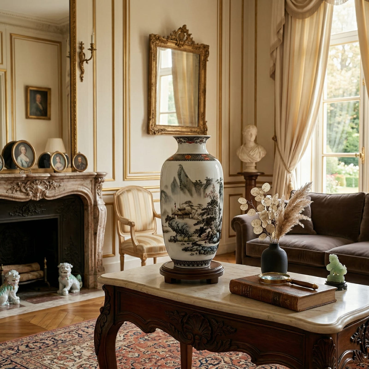 Grand vase en céramique chinois motif paysage brumeux