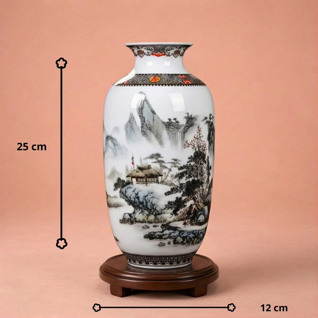 Grand vase en céramique chinois motif paysage brumeux