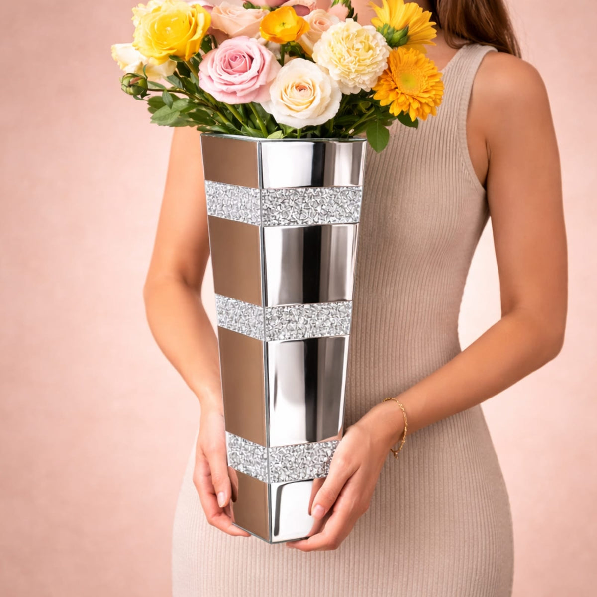 Grand vase en verre miroir avec diamants écrasés