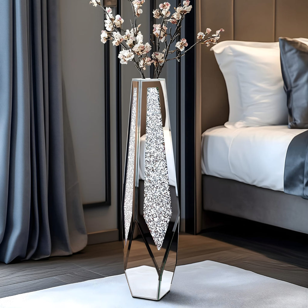 Grand vase en verre miroir hexagonal argenté