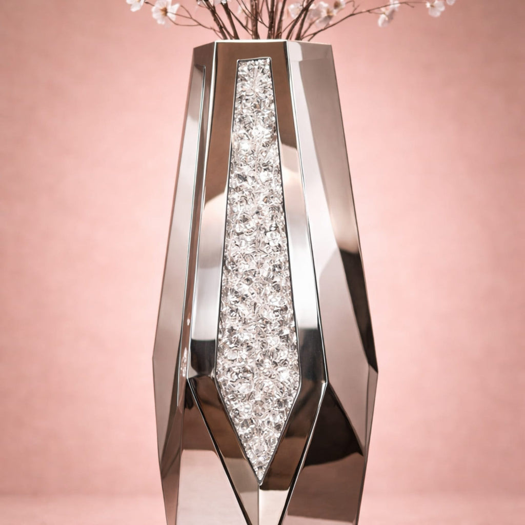 Grand vase en verre miroir hexagonal argenté