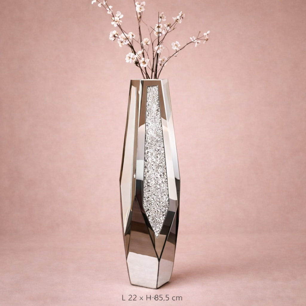 Grand vase en verre miroir hexagonal argenté