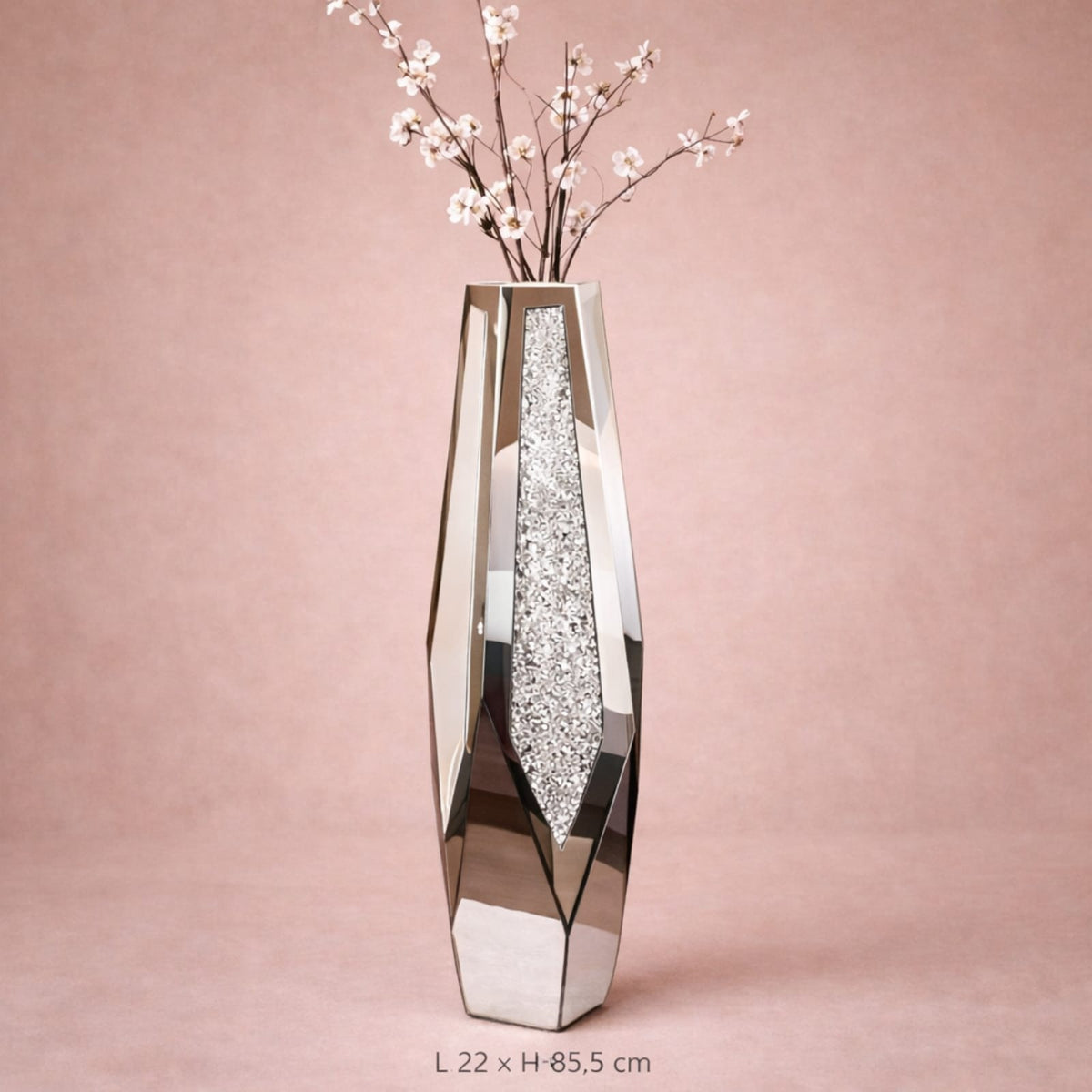 Grand vase en verre miroir hexagonal argenté