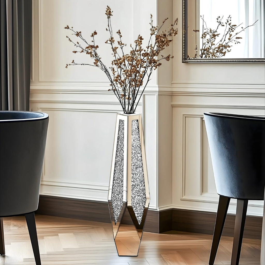 Grand vase en verre miroir hexagonal argenté