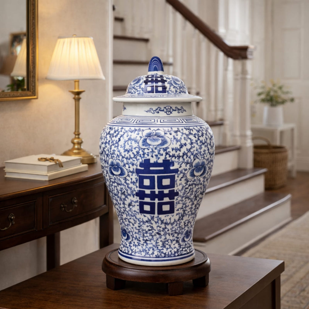Petit vase chinois bleu en céramique et porcelaine