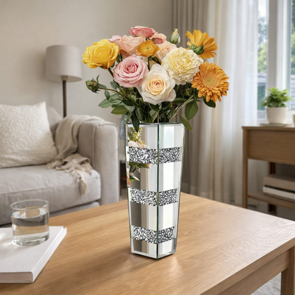 Petit vase en verre miroir avec diamants écrasés | Vase design moderne