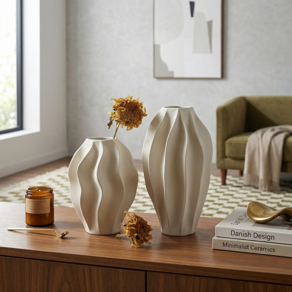 Vase beige en céramique ondulé