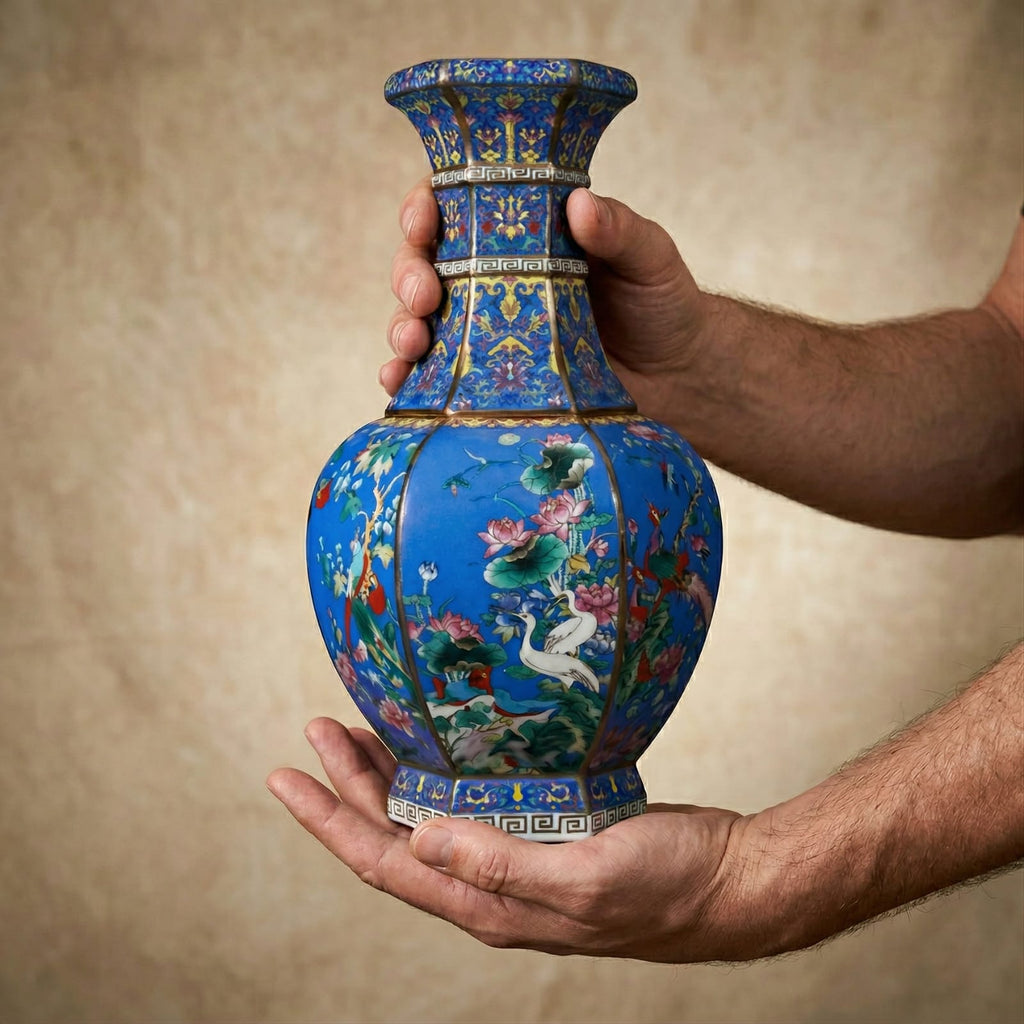 Vase chinois ancien bleu en porcelaine émaillée