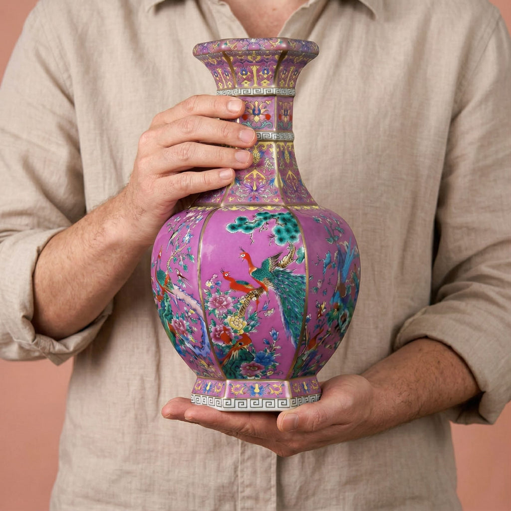 Vase chinois ancien rose en porcelaine émaillée