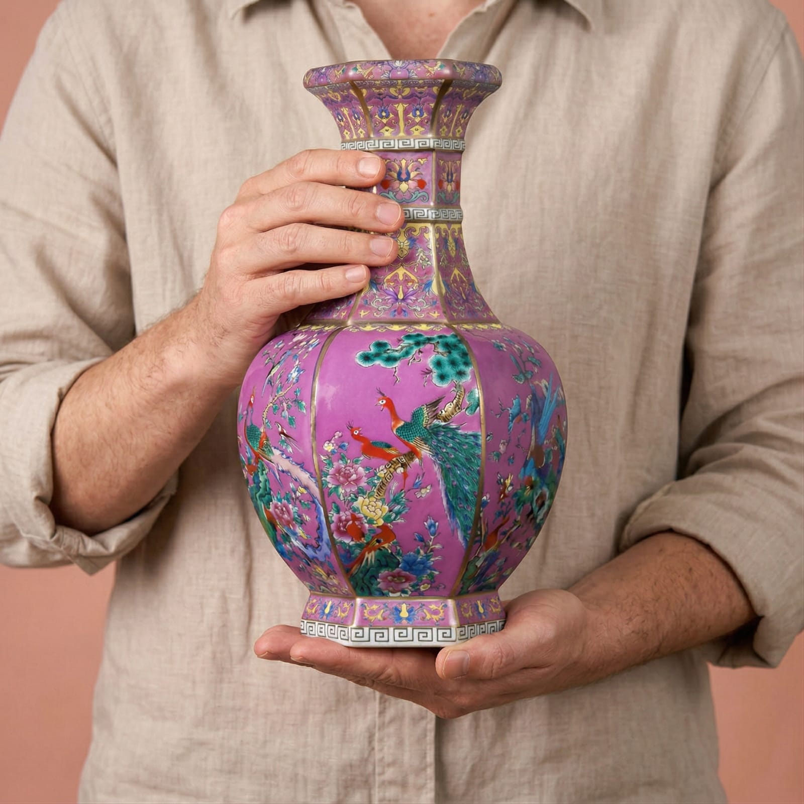 Vase chinois ancien rose en porcelaine émaillée Image