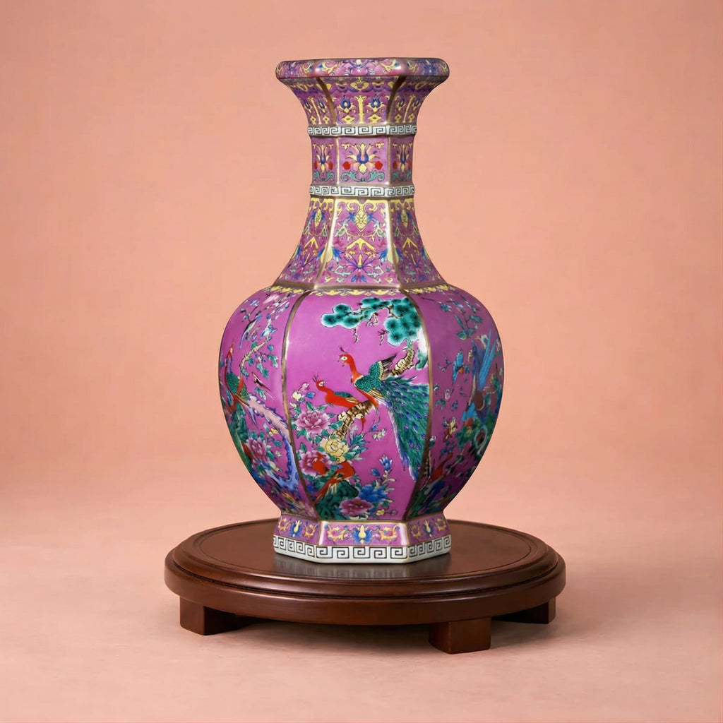 Vase chinois ancien rose en porcelaine émaillée