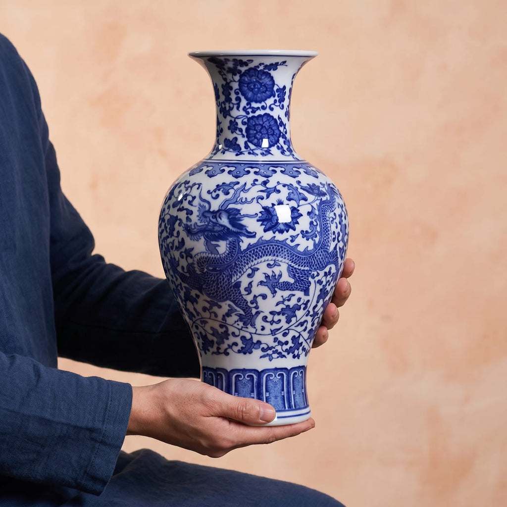 Vase chinois bleu et blanc dragon | Porcelaine Jingdezhen