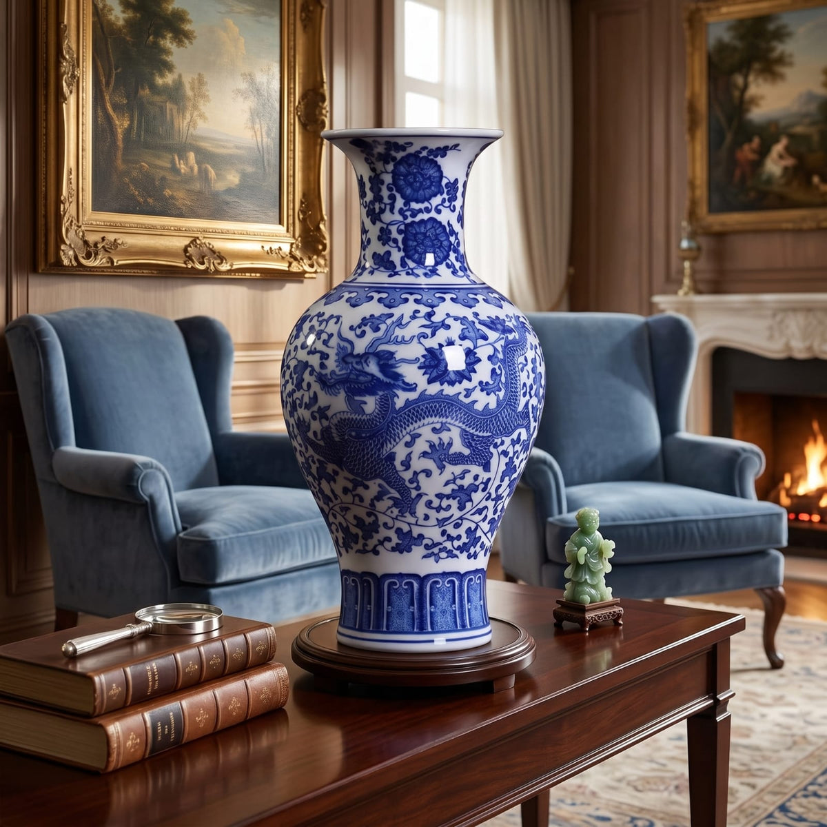 Vase chinois bleu et blanc dragon | Porcelaine Jingdezhen