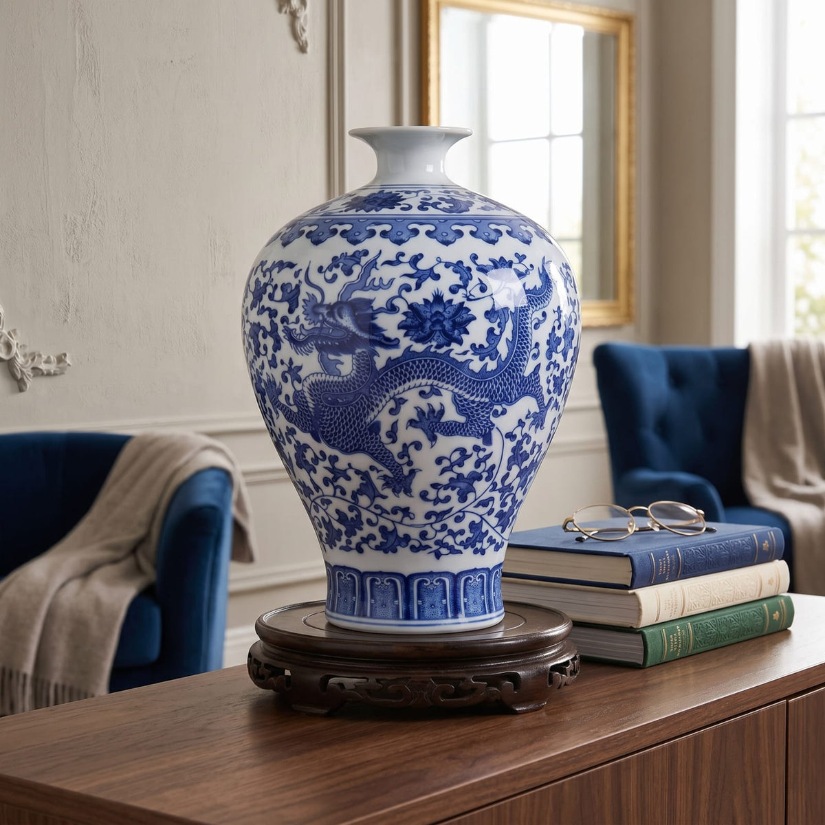 Vase chinois bleu et blanc dragon | Porcelaine Jingdezhen
