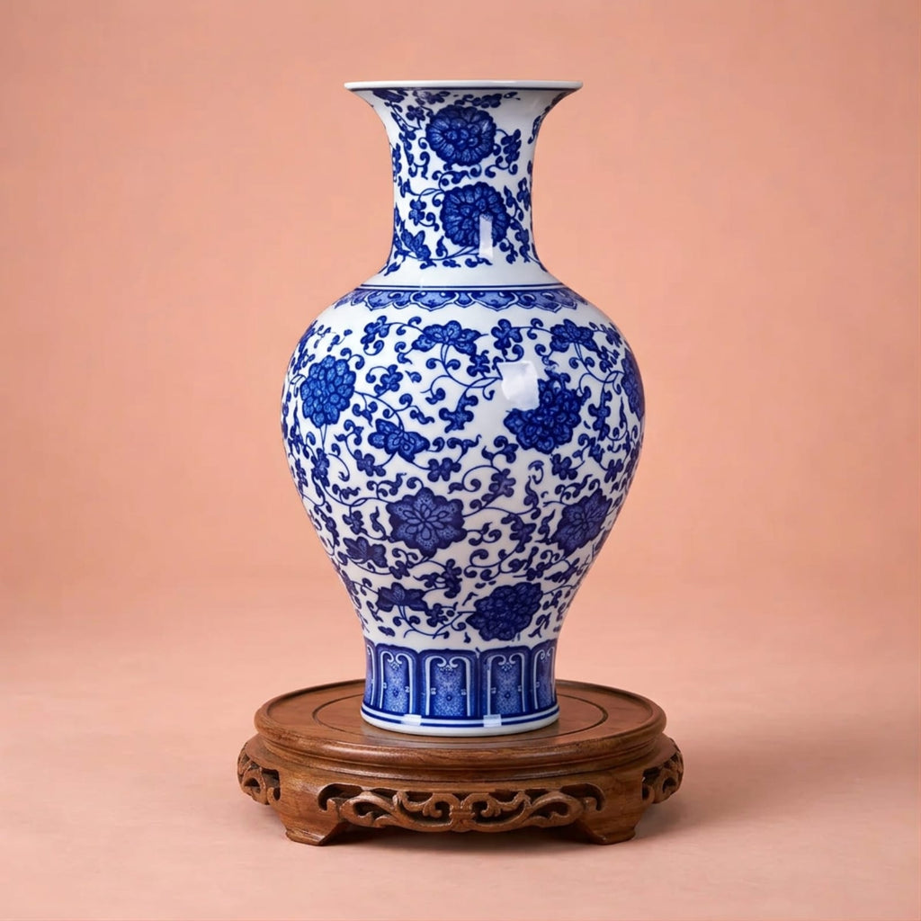 Vase chinois bleu et blanc fleurs